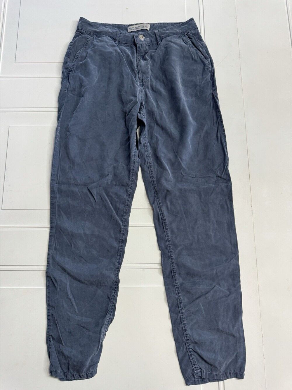 Zara Basic Womens Sz 2 Z1975 Denim Pants Navy Blue Tapered Cuffed Lyocell